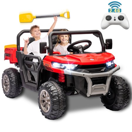 24V 2 Seater Ride on Toys, Ride On UTV with 2x200W Motor Ride On Dump Truck, Ride On Car with Dump Bed/Shovel, Electric Vehicle with Rubber Tires, LED Light, Music, Remote Control, Red