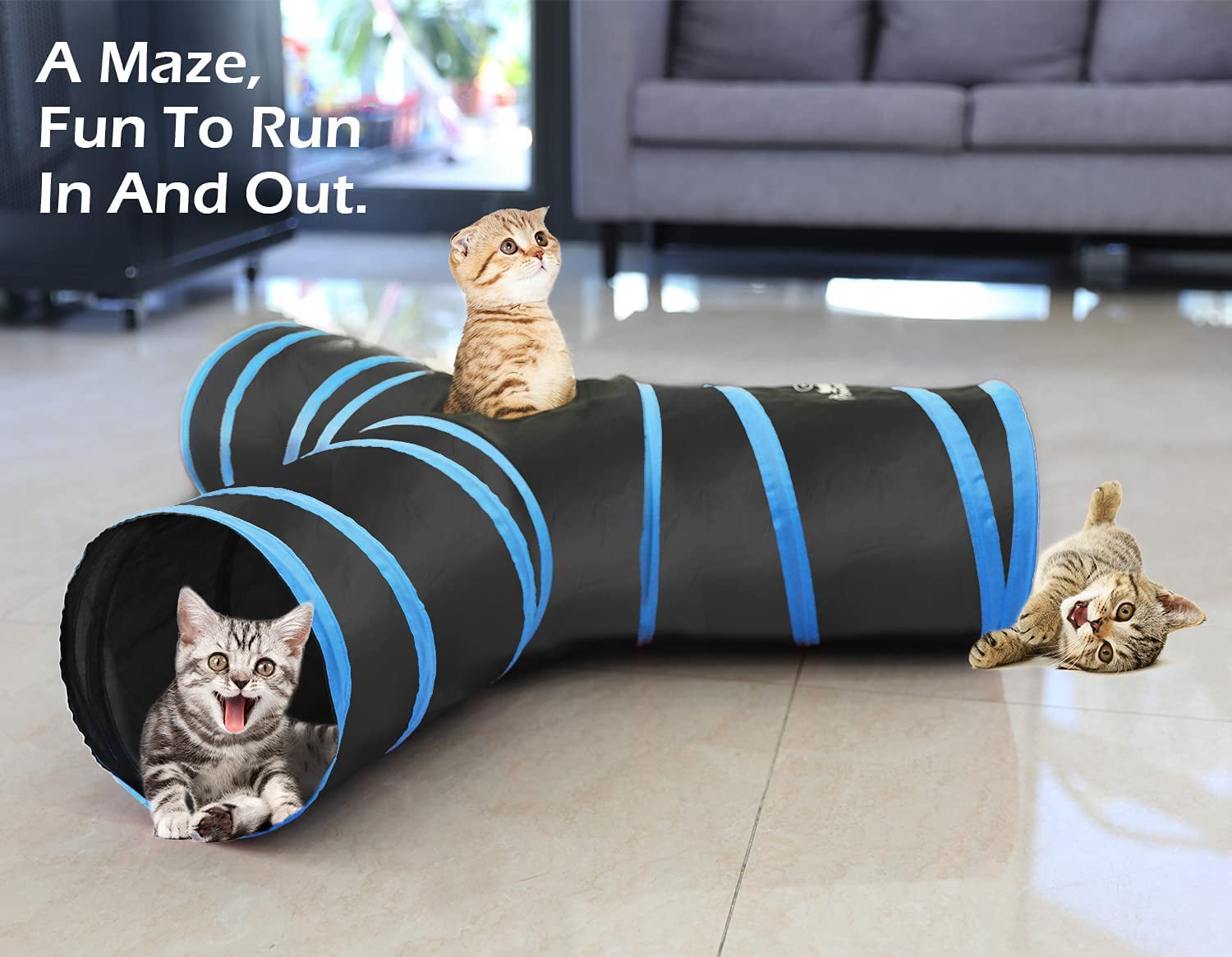 Cat Tunnel Tube 4 Way Tunnels Extensible Collapsible Cat Play Tent Interactive Toy Maze Cat House with Balls and Bells for Cat Kitten Kitty Rabbit Small Animal Pawaboo Cat Toys 