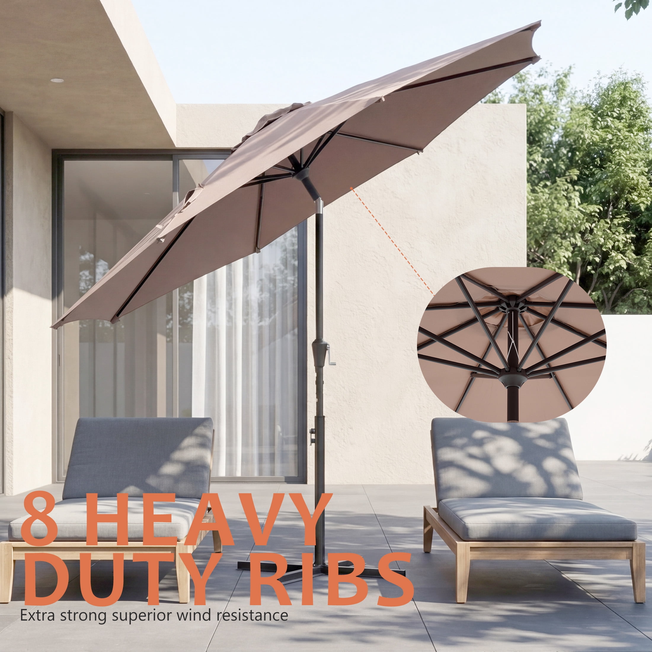 EDX 9FT Patio Umbrella Market Umbrella w/Tilt and Crank Heavy-Duty Round Outdoor Umbrellas for Garden, Deck, Backyard, Pool and Beach(brown)
