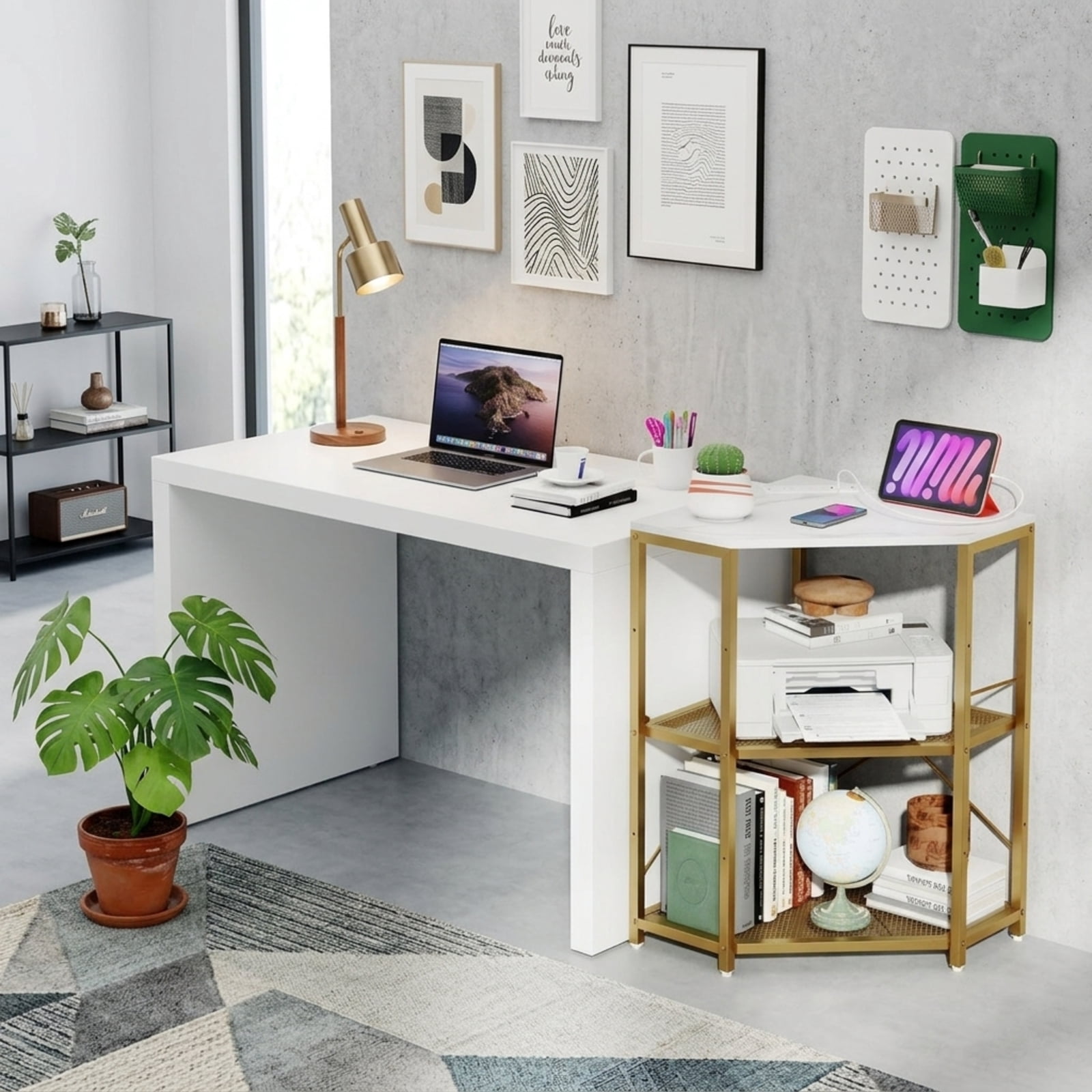 Furnibear Corner Printer Stand with Power Outlet 3-Tier Storage Rack with Adjustable Shelf for Home Office Printer Machine Under Desk Storage, White