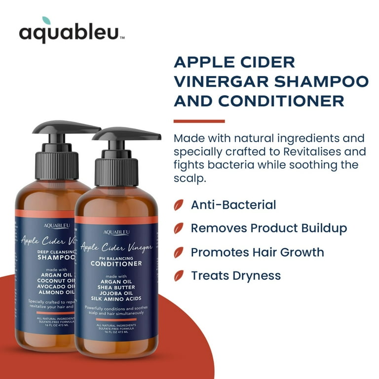 Aquableu Raw Apple Cider Natural Shampoo & Conditioner Set - Clarifying - Anti Frizz & Dandruff - Promotes Hair Growth - No Sulfate or Parabens - Safe for Color Treated Hair