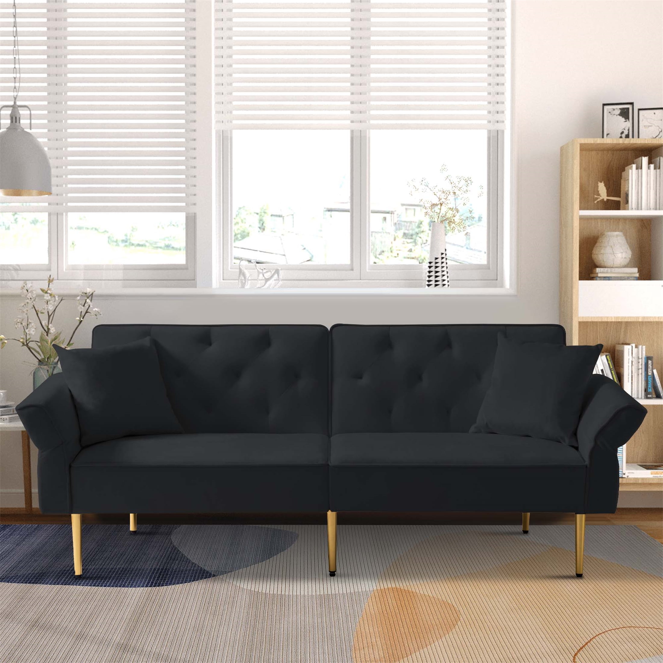 Aukfa 84" Wide Velvet Futon Convertible Sofa for Living Room, Folding Arm, 2 Pillows, Black