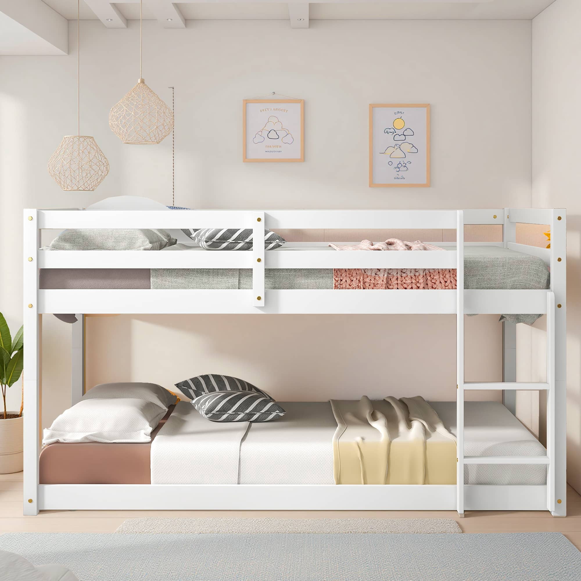 MAYEERTY Twin over Twin Floor Bunk Bed, Wood Bed Frame, White