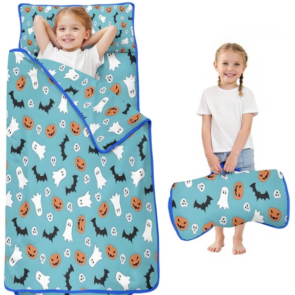 Blue Halloween Ghosts Pumpkins Skulls and Bats Toddler Nap Mats for Kids Preschool,50"x20" Sleeping Mat Bag or Kids,Toddler Sleeping Bag,Toddler Nap Mat or Daycare