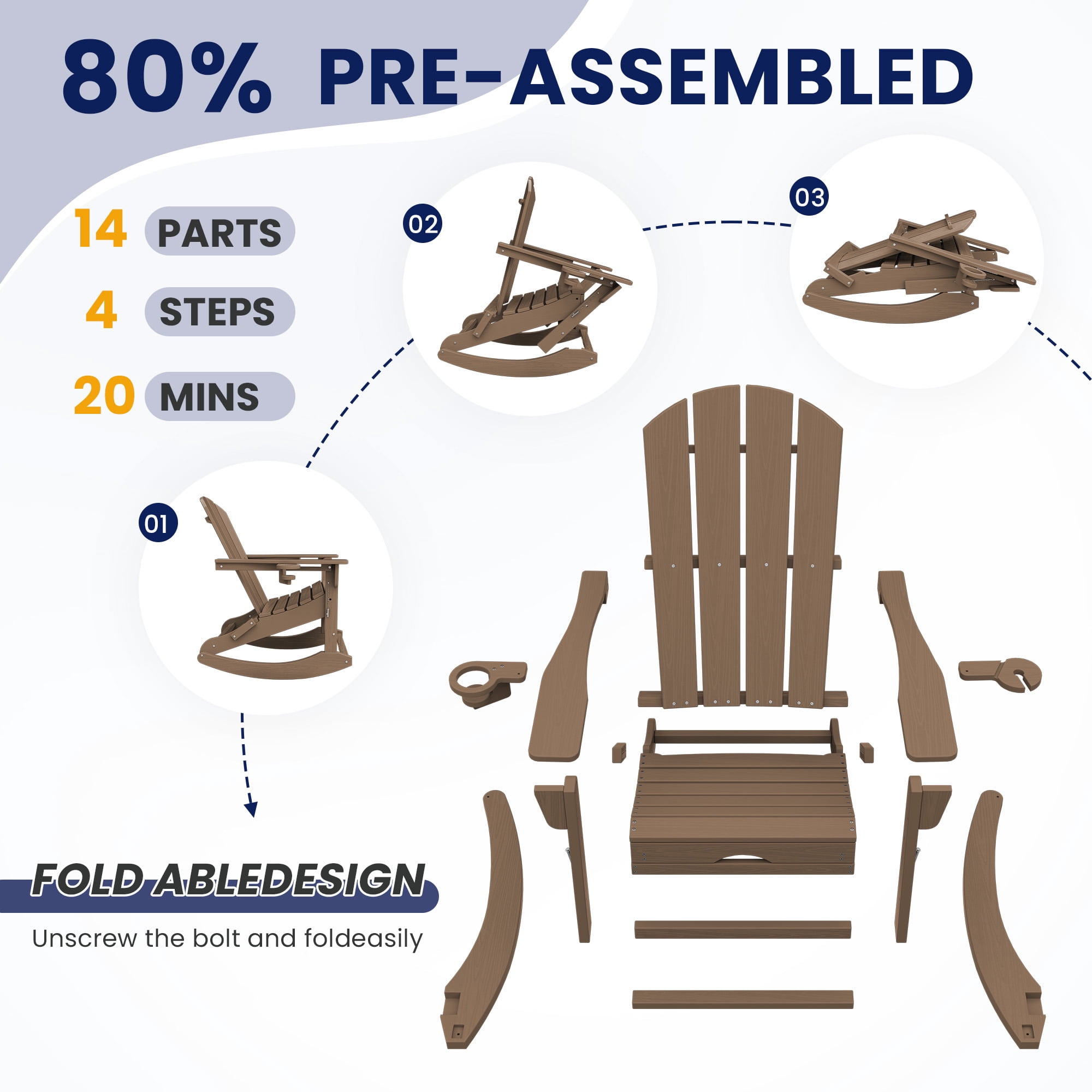 KINGYES Adirondack Rocking Chair Set of 2 with Retractable Ottoman and Cup Holders, HDPE Adirondack Rocker, Patio Rocking Chair for Porch, Patio, Brown