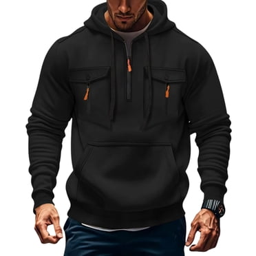 Evdexr Men's Tactical Pullover Quarter Zip Big and Tall Hoodies Winter Long Sleeve Drawstring Athletic Hoodie Fall Multiple Pockets Military Cargo Sweatshirt Black 4XL