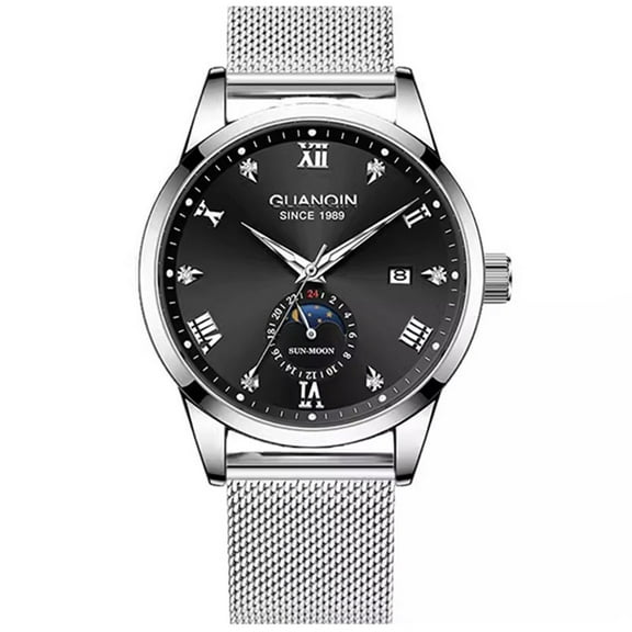 GUANQIN Men Calendar Moon Phase Vintage Multifunctional Wristwatch Analog Automatic Self-Winding Mechanical Wrist Watch Steel or Leather Band Sapphire Waterproof Business Clock