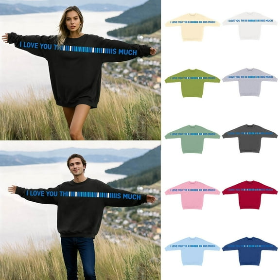 FUZHIQ I Love You This Much Couple Matching Pullover Sweatshirts Hug Fit Unisex Oversized Casual Crewneck Sweatshirt Cozy Hug-Worthy Tops for Couples