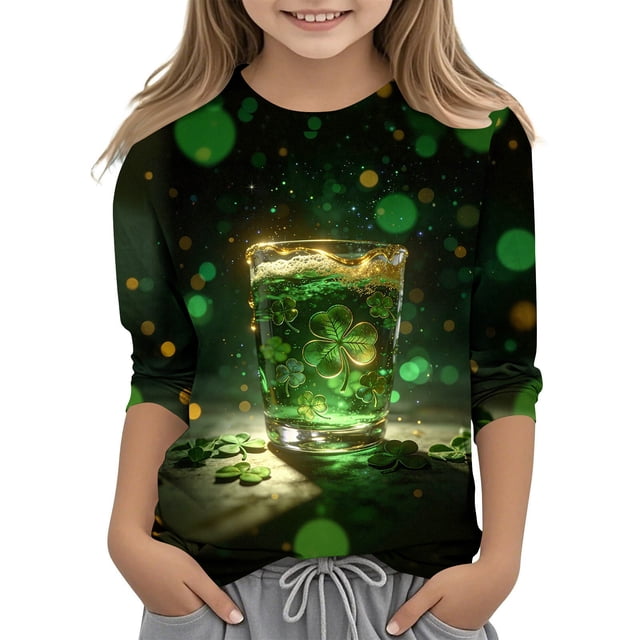 Tauxra Chandail de la Saint-Patrick pour Adultes, T-Shirt à Manches 3/4 Imprimé Col Rond, T-Shirt Graphique Trèfle Décontracté à Manches Longues pour Activités Festives