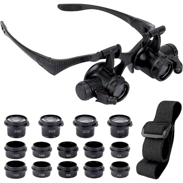 Magnifying Glass with 2 LED Lights, 8 Detachable Lenses, Head Mounted Magnifier, Hands Free Magnifier for Repair, Watch (2.5X 4X 6X 8X 10X 15X 20X 25X