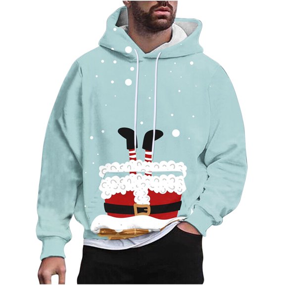 VALMASS Men's Plus Size Christmas Hoodies Fashion Graphic Long Sleeve Hooded Tops Casual Going Out Pullover Sweatshirts (S, Light Blue)