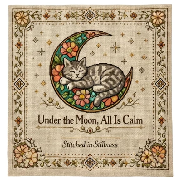 Moonlit Cat – Floral Moon Needlepoint Kit for Beginners and Experts Celestial Night Scene DIY Embroidery Set for Cat Lovers Polyester 10x10 Inches