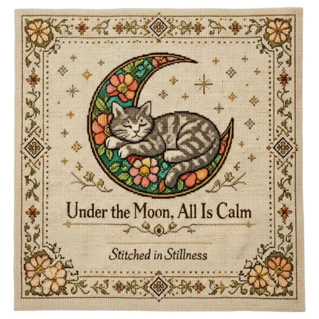 Moonlit Cat Floral Celestial Needlepoint Embroidery Kit DIY 10x10 Art Craft For Beginners Experts Cat Lovers Project