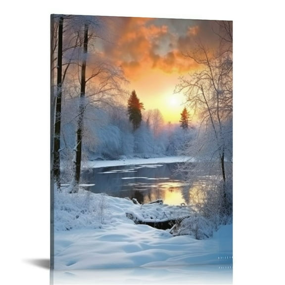 JEUXUS Modern Canvas Painting Wall Art Snowfield Winter Snow Forest Tree Sunrise sunset Landscape Mountain & Tree Print on Canvas Artwork Wall Decor (A)