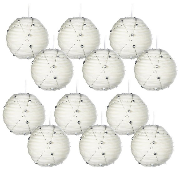 A&B Home Set of 12 Ribbed White Fabric Orb Hanging Ornaments with Silver Beaded Accent 4.3" x 4.3" x 4.3"