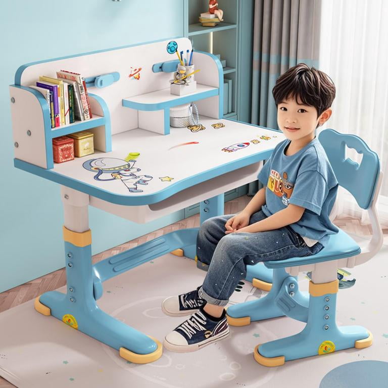 YNCE Kids Desk and Chair Set, Study Table and Chair, Desk for Kids, Children's Desks with Golden Distance Design, Homeschooling Writing Desk with Desktop for Boys and Girls
