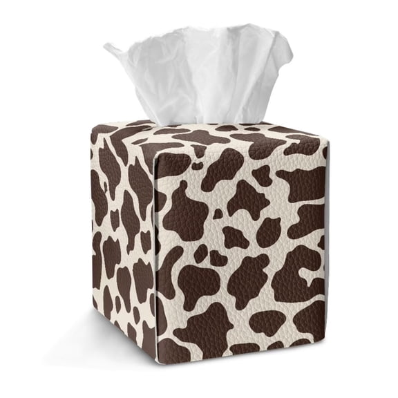 FKELYI Brown Cow Print Tissue Box Cover Snap Button Design Tissue Box Holder Facial Paper Organizer Holder PU Leather Home Bathroom Office Decor