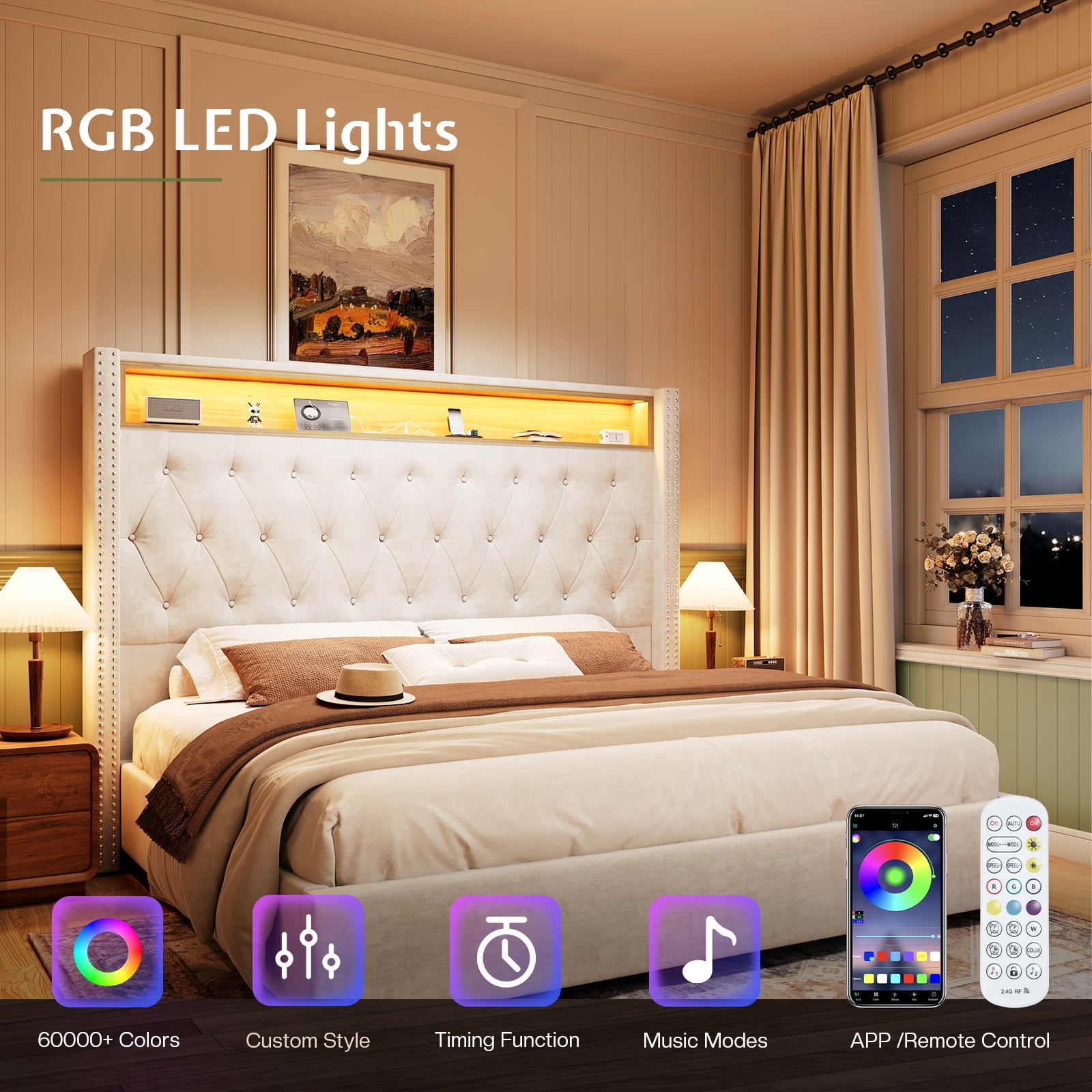 LUXOAK LED Queen Bed Frame,Charging Station and Storage Upholstered Headboard/Velvet/Cream