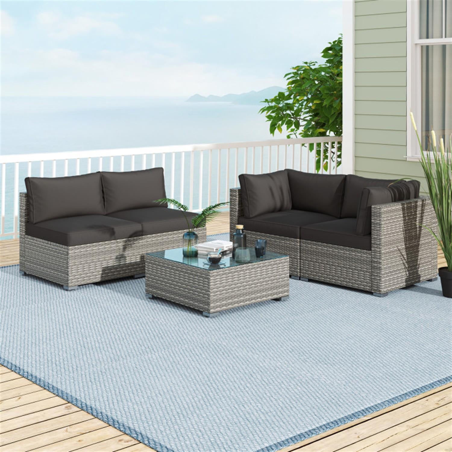 Demi Bonn 5-Piece Outdoor Patio Furniture Sets Sectional Sofa Couch and Glass Coffee Table with Cushions for Yard, Pool or Backyard, Black