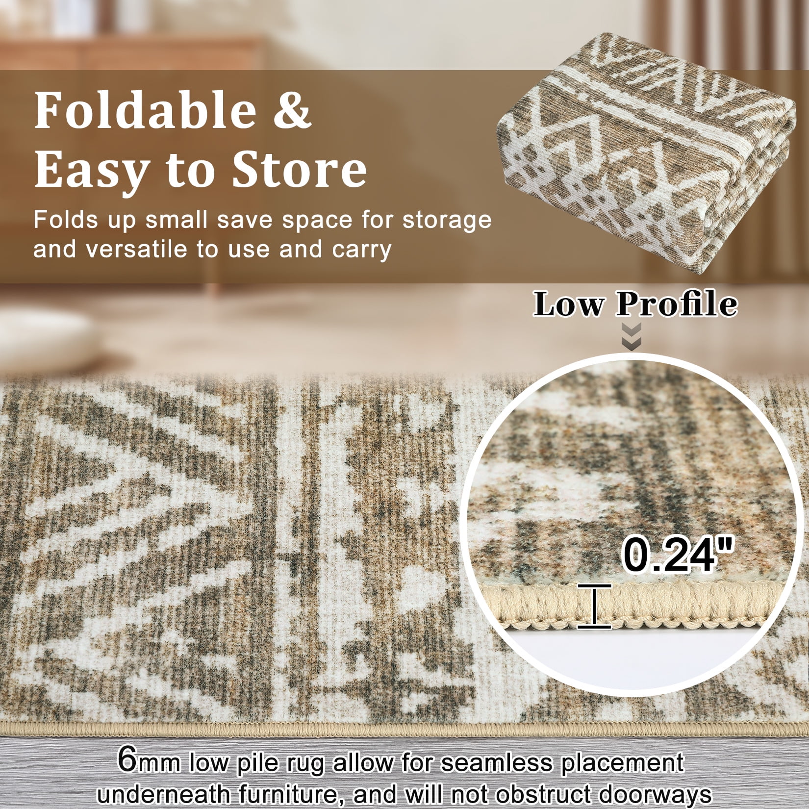 HOMERRY Indoor Washable 4' x 6' Area Rug Distressed Boho Carpet for Living Room, Brown