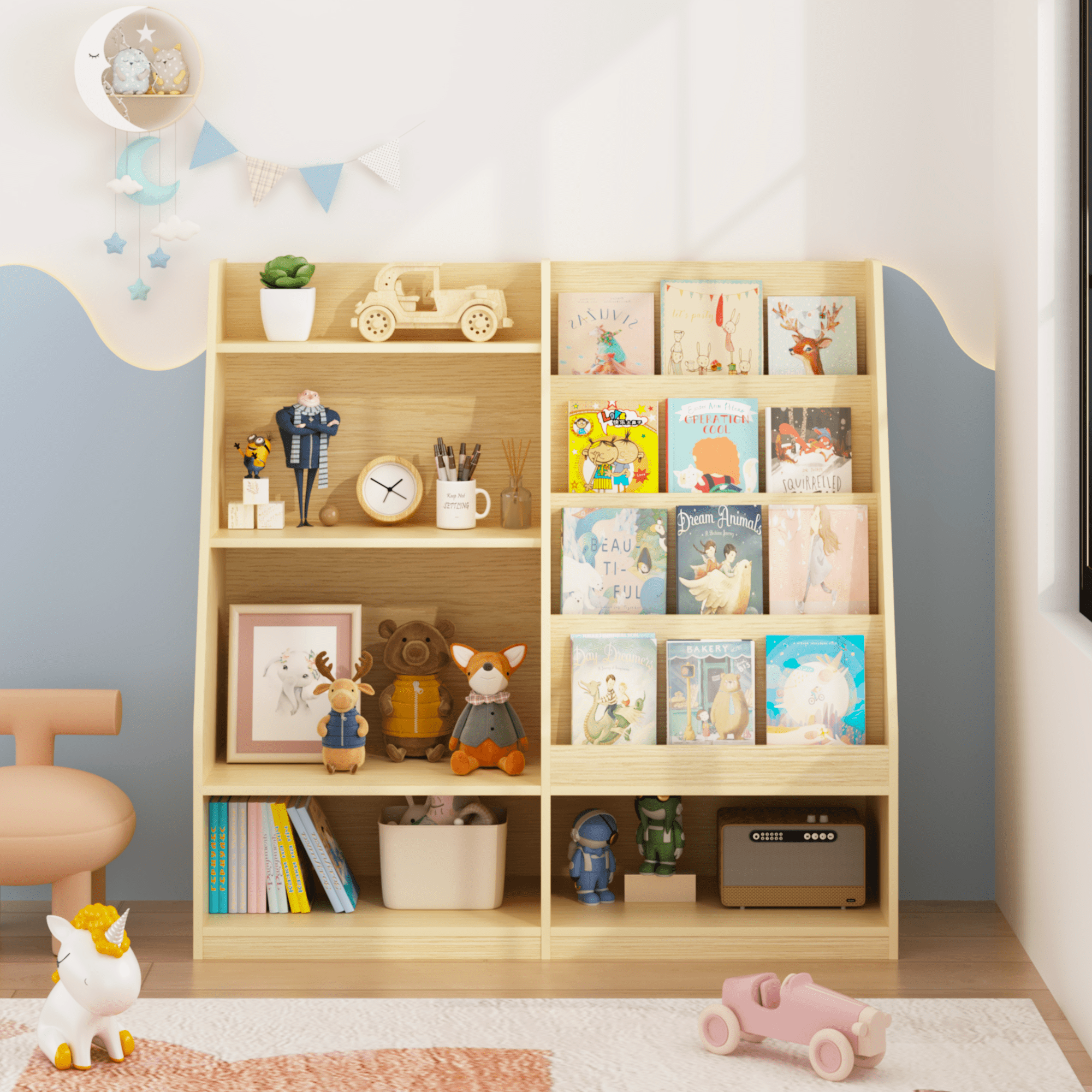 Kids Bookshelf and Toy Storage Organizer, Multifunctional 4 Tier Wooden Kids Book Shelf with Bookcase Display Stand in Kids Room Playroom Nursery for Kids, Children, Toddlers (Natural)