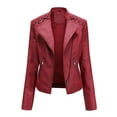 thumbnail image 2 of QATAINLAV Women's Faux Leather Moto Jacket Casual Short Solid Color Biker Coat Fall Winter Long Sleeve Zip Up Jackets with Pockets, Red, XXL, 2 of 7