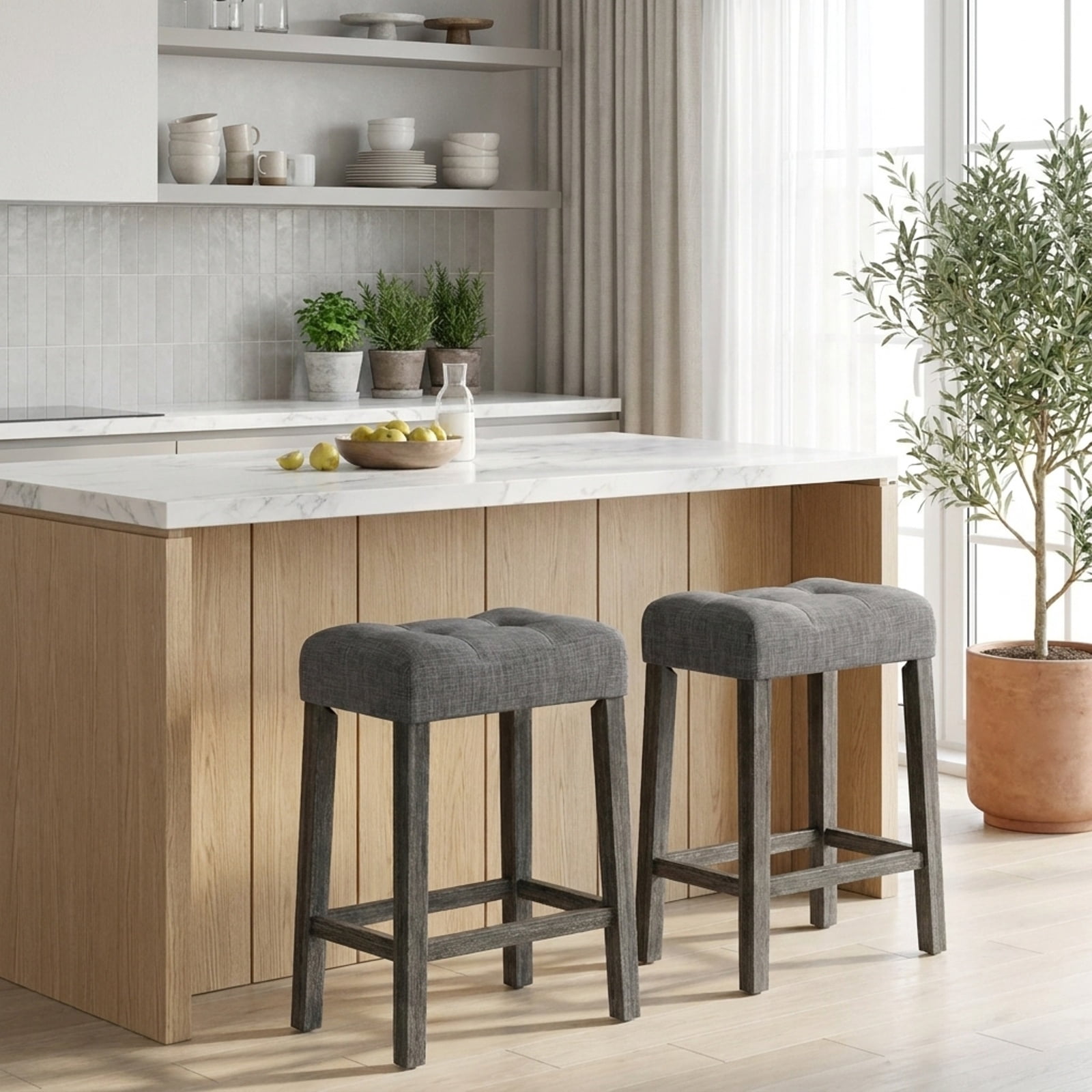 Furnibear 24 Inch Set of 2 Saddle Bar Stools with Padded Seat for Kitchen Island Counter Bar Pub Dining Home, Gray