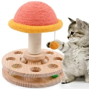 DENTRUN Cat Toy Roller, Interactive Cat Turntable Ball Track with Scratching Post Dangling Ball, Wood Maze Play Toy Ball for Indoor Cats Kittens