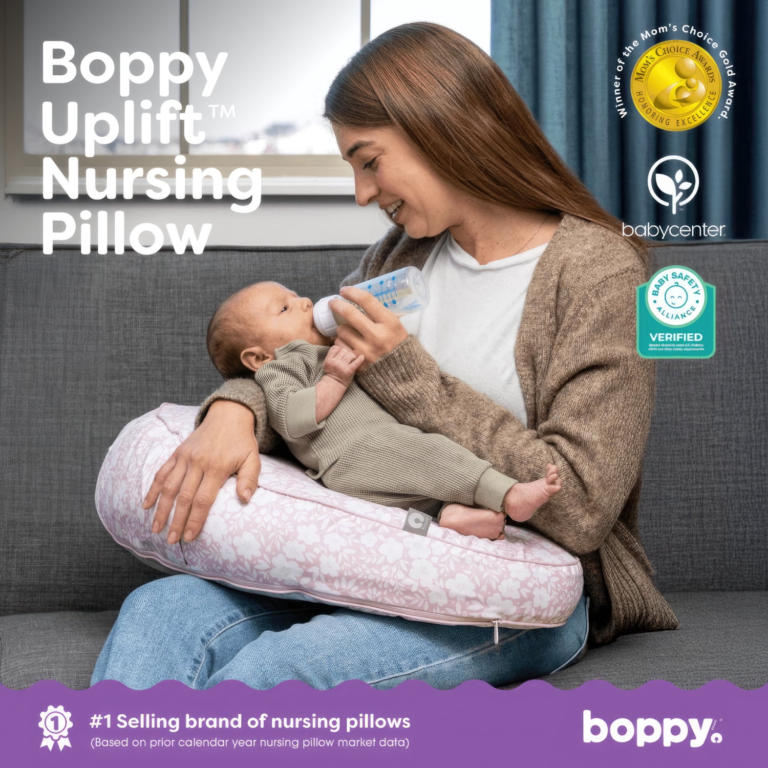 Boppy Uplift Nursing Pillow - Wedge Bottle & Breastfeeding Pillow to Reduce Spit-Up and Reflux Symptoms, with Body-Inclusive Opening And Adjustable Belt - Pink Frost Floral