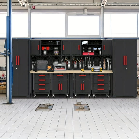 Heavy-Duty Steel Rolling Tool Box with Lockable Drawers and Cabinet Black Red 2-Tier Design for Garage Workshop Storage