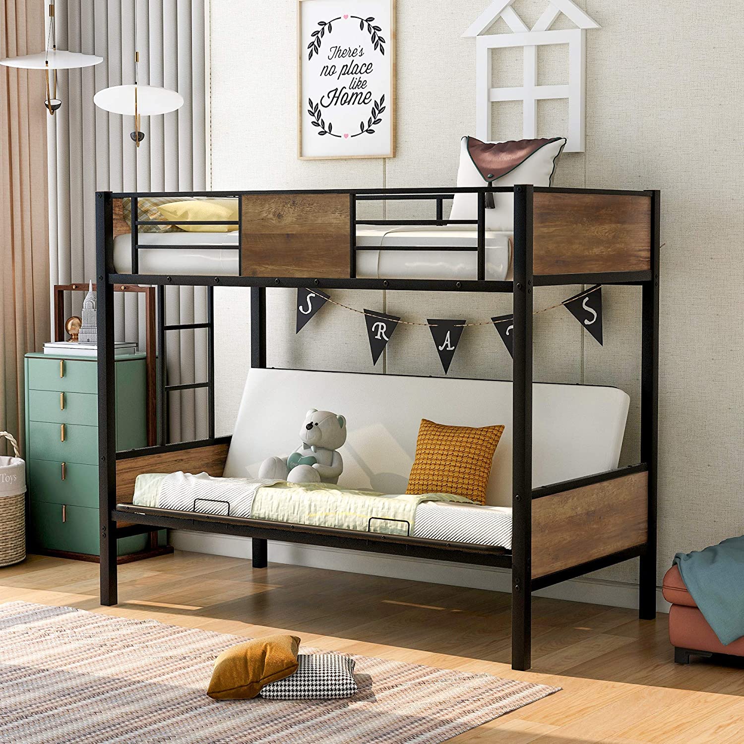Churanty Twin over Futon Couch and Bed,Metal Futon Bunk Bed,Black