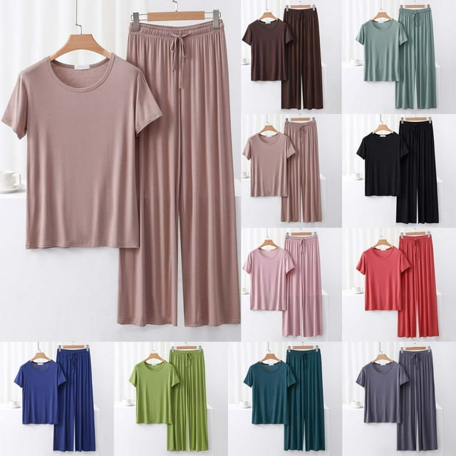 Sentmoon 2 PCS Pajamas for Women Set Crew Neck Sleep Dress Short Sleeve Relaxed Stretchy Solid Color Night Gowns Summer Stylish for Christmas Morning M