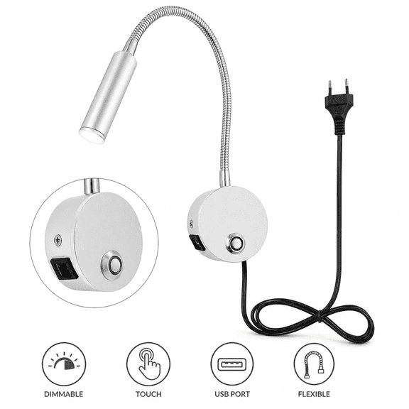 Dimmable LED Wall Mount Reading Lamp with USB Port Touch Switch Flexible Gooseneck 3W Bedside Light US Plug