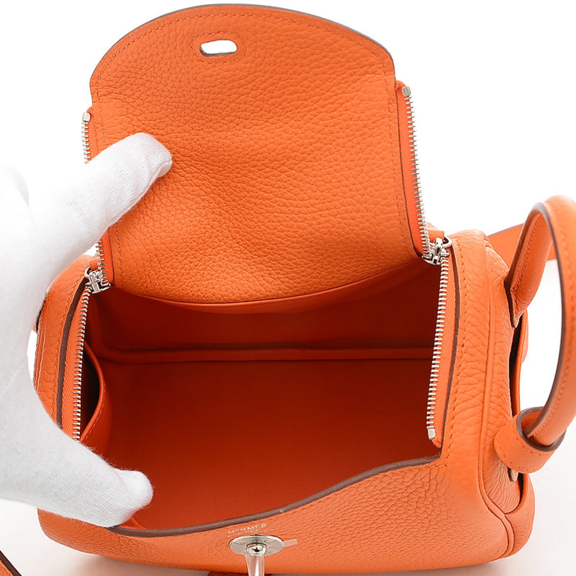 Authenticated used Hermes Lindy Mini Taurillon Clemence Orange Minium Handbag Silver Hardware B Engraved, Adult Unisex, Size: (HxWxD): 12cm x 18cm x