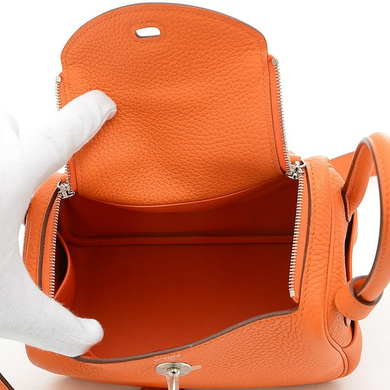 Authenticated Used Hermes Lindy Mini Taurillon Clemence Orange Minium  Handbag Silver Hardware B Engraved 
