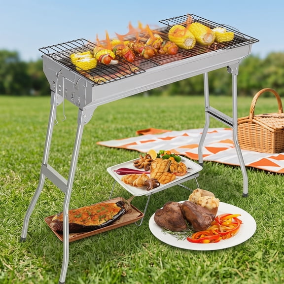 28 Inch Portable Charcoal Grill - Foldable Stainless Steel BBQ Grill for Outdoor Cooking, Camping, Picnic, Beach & Garden Party