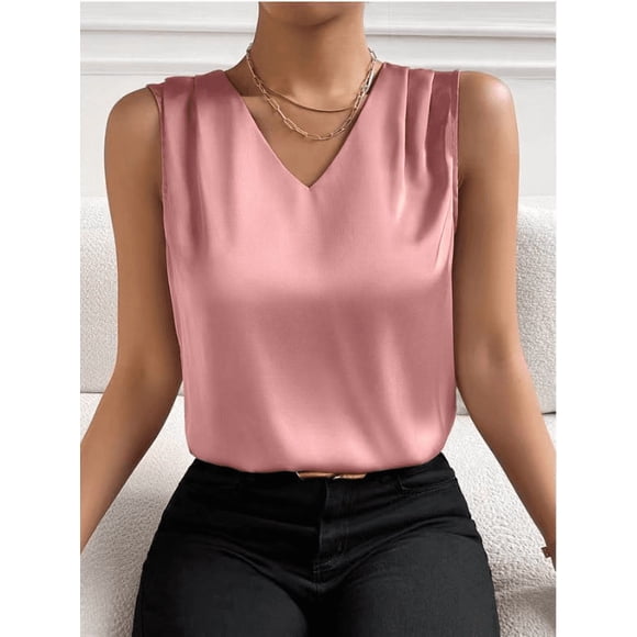 Nuoqisi Women's Casual Fashion Solid Color V-Neck Satin Top, Chic Short Sleeve Blouse for Dinner Dates, Cocktail Parties and Spring Summer Evening Wear