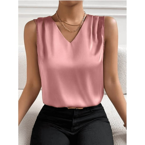 Xuyuer Women's Casual Fashion Solid Color V-Neck Satin Top, Chic Short Sleeve Blouse for Dinner Dates, Cocktail Parties and Spring Summer Evening Wear