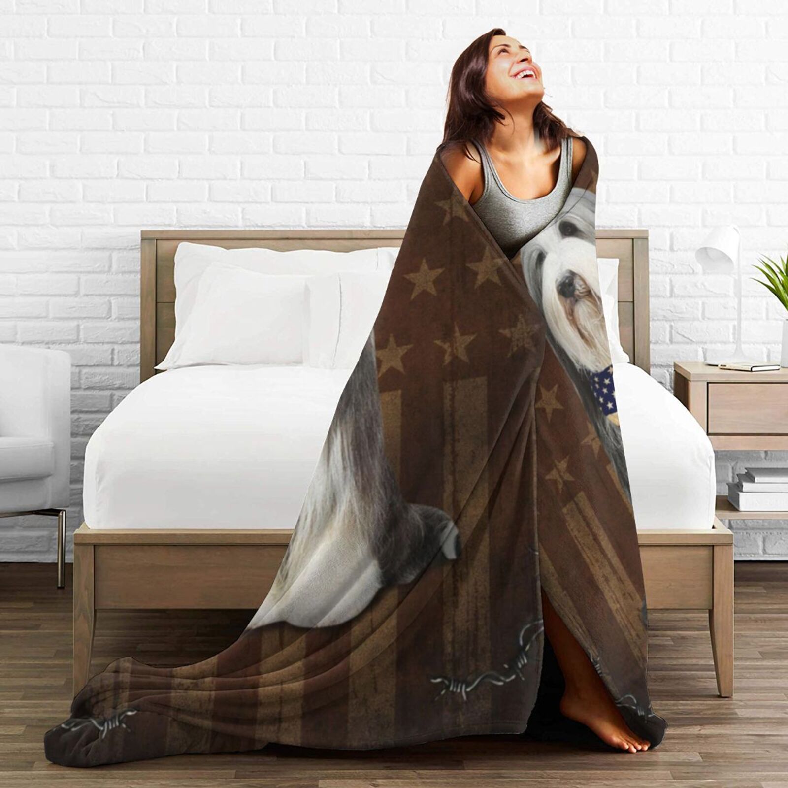Wijzvio Bearded Collie Dog With Vintage American Flag Throw Blanket Soft Fuzzy Fleece Blanket For Couch Bed Living Room Decoration 60"X50"