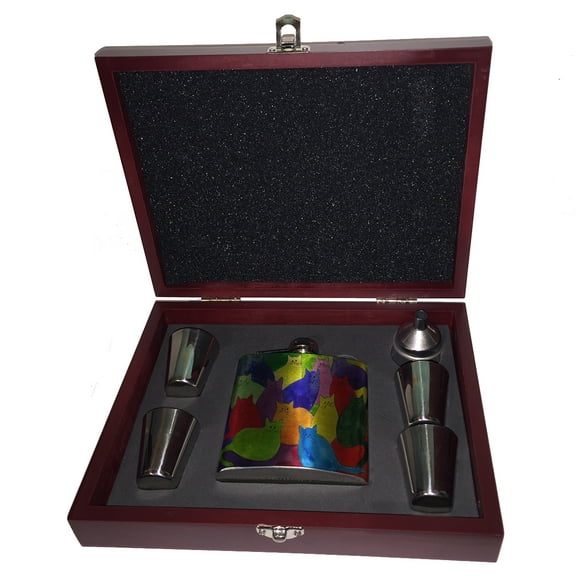 KuzmarK 6 oz. Stainless Steel Flask Set in Rose Wood Presentation Box -  Colorful Kitties in Crayon Colors Art by Denise Every