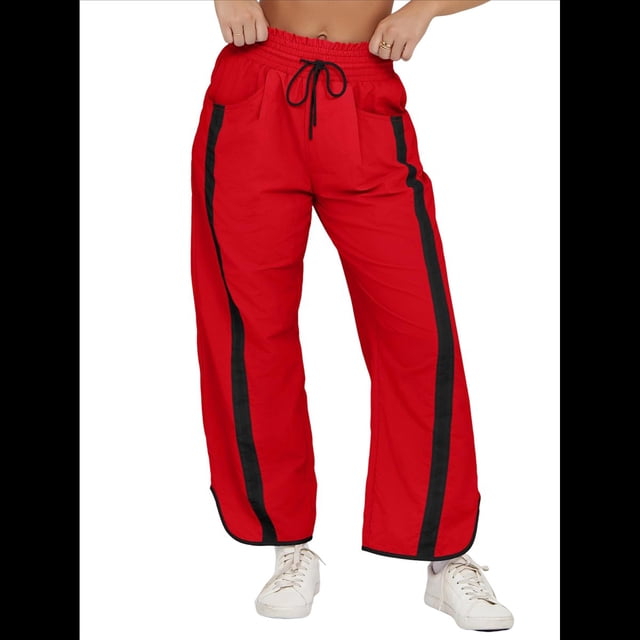 Pantalones Deportivos Holgados de Pierna para Mujer, Informales, con Cordón Ajustable y Cintura Elástica, en Colores Contrastantes, Estilo Y2K. Rojo M