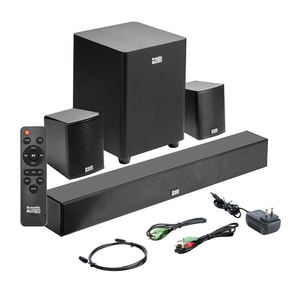 Acoustic Audio 5.1 Surround Sound Home Theater Sound Bar with Bluetooth, RCA, Optical, ARC, AUX, Wireless Subwoofer and Remote Control - AA5190 (Black)