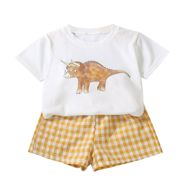 Dinosaur Printed T-shirt and Checkered Shorts Set for Boys, 2-Piece Casual Summer Outfit, Soft Polyester Blend, Regular Fit, Machine Washable, Yellow Color