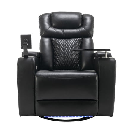 Black 270 Degree Swivel PU Leather Power Recliner Individual Seat Home Theater Recliner with Tray Table, Phone Holder, Cup Holder, USB Port, Hidden Arm Storage for Living Room
