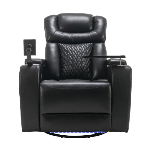 Black 270 Degree Swivel PU Leather Power Recliner Individual Seat Home Theater Recliner with Tray Table, Phone Holder, Cup Holder, USB Port, Hidden Arm Storage for Living Room