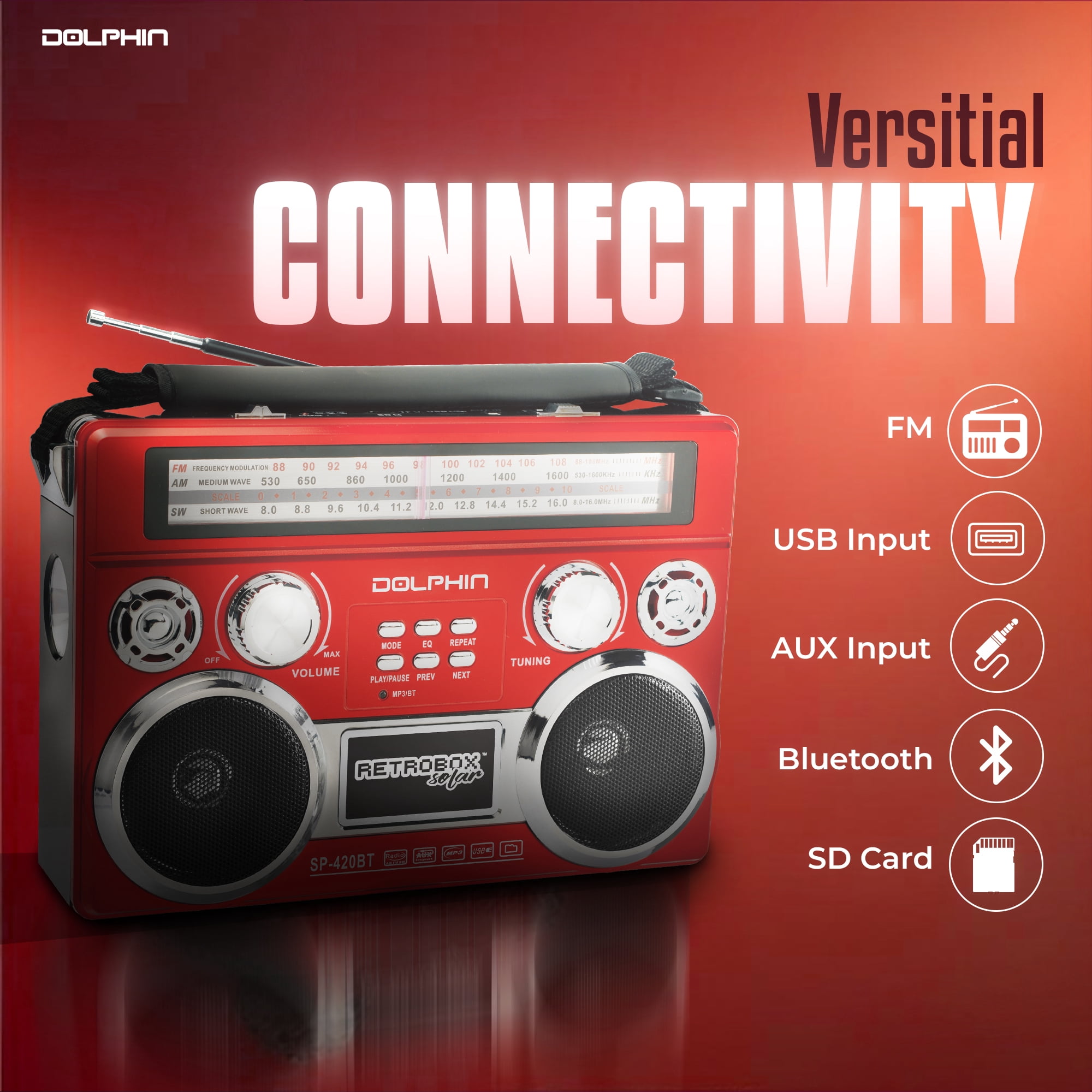 Dolphin SP-420BT Solar Portable Bluetooth Radio with MP3, LED Flashlight - Red