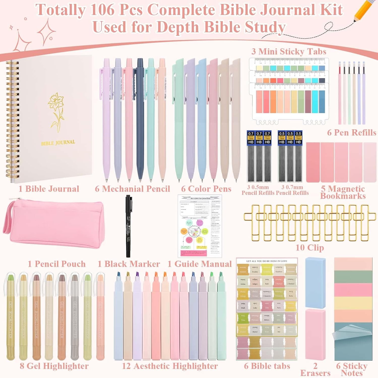 106 Pack Bible Study Supplies Journaling Kit for Women, Church Journal Note Taking Annotation Kit, Tabs and Highlighters Set with Pencil Case and More Bible Accessories Christian Gift