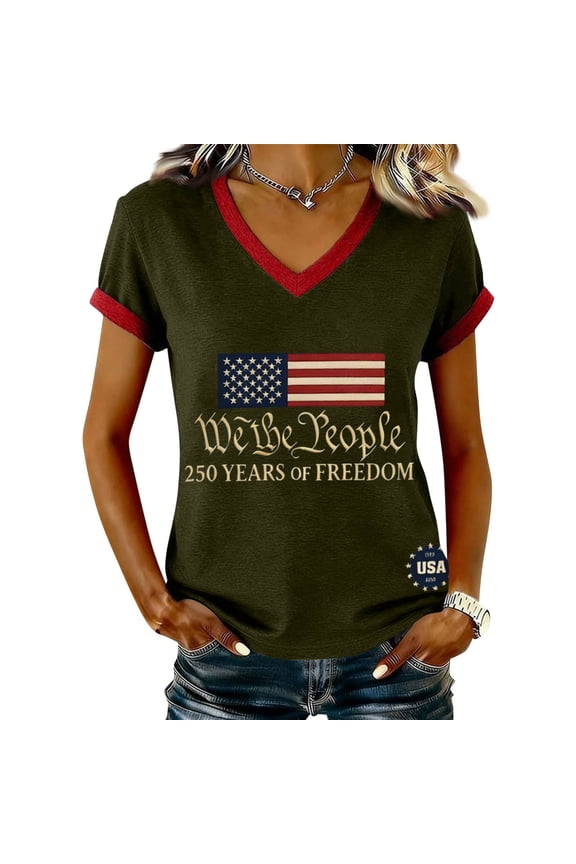 Women's 250th Anniversary USA T-Shirt, Patriotic "We the People" V-Neck Top, 250 Years of Freedom Independence Day Tee, Contrast Trim Short Sleeve Commemorative Shirt