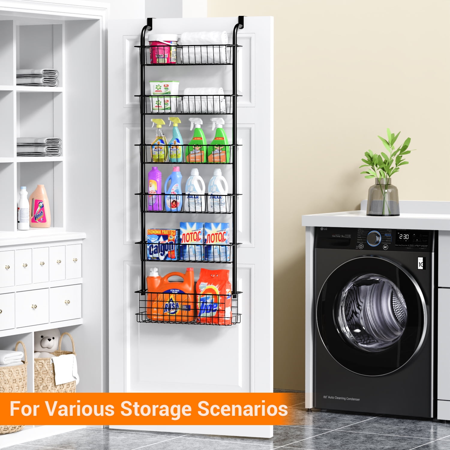 FOUKUS Over the Door Pantry Organizer: 6 Tier Stainless Steel Kitchen Organizers and Storage, Hanging Spice Rack, Easy to Install - Black