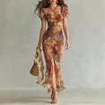 thumbnail image 6 of Womens Multicolor Floral Print Chiffon Maxi Dress, Square Neck Puff Sleeve Bodycon Dress With Side Slit, 6 of 6